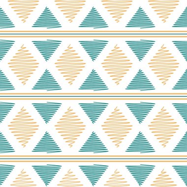 Beyaz Arkaplanda Karalanmış Sarı Üçgenler, Elmaslar ve Çizgilerle Kusursuz Kabile Deseni.