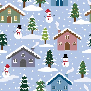 Noel Ağaçları, Kardan Adamlar ve Evleriyle Kusursuz Karlı Noel Kasabası Şablonu