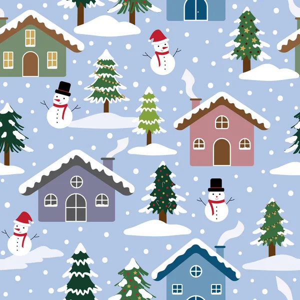 Seamless Pattern Of Snowy Christmas Town with Christmas Trees, Snowmen and Houses — Stock Vector