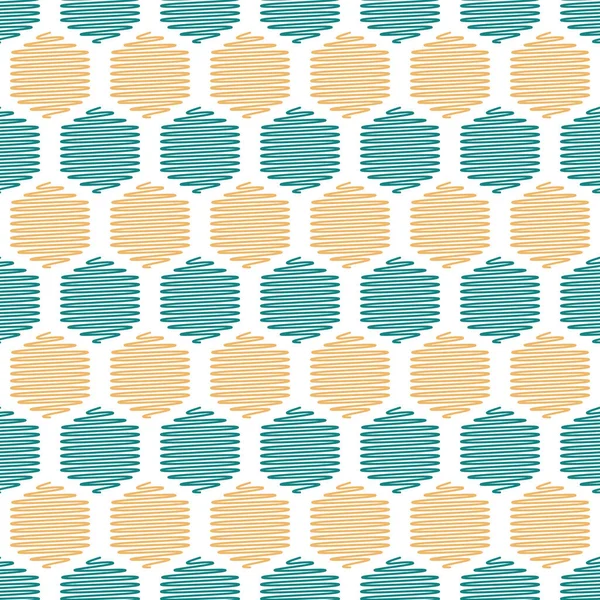 Scribbled Yellow Teal Hexagons Seamless Pattern on White Background. Textura geométrica vectorial. — Vector de stock