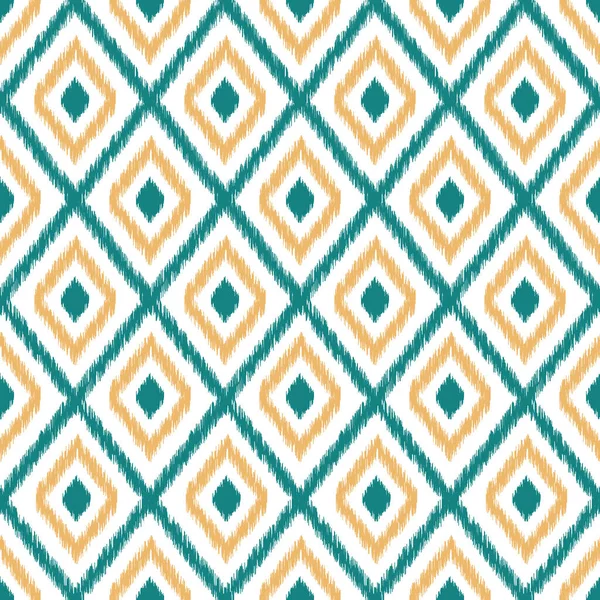 Patrón geométrico sin costura basado en el estilo de la tela Ikat con Teal, formas de diamante amarillo sobre fondo blanco — Vector de stock