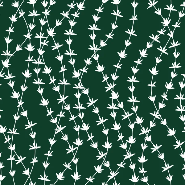 Απρόσκοπτη μοτίβο με κλαδιά θυμαριού σε βαθύ πράσινο φόντο. — Διανυσματικό Αρχείο