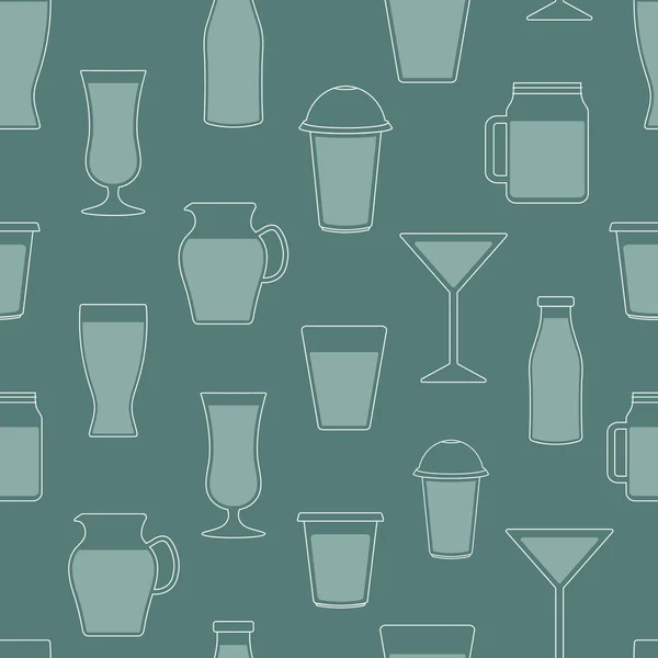 Patrón sin costura vectorial con varias bebidas. Vector Contour Line arte de diferentes vasos de bebidas sobre fondo verde. Gráfico perfecto para embalaje, folleto, menú, invitación, pancarta, envoltura — Archivo Imágenes Vectoriales