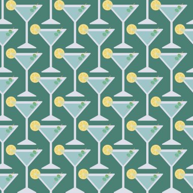 Moda Martini Kokteylleri Kusursuz Yüzeysel Düzen. Yeşil Arkaplanda Zeytin ve Limon dilimleri ile süslenmiş Martini Kadehinin Vektör İllüstrasyonu.