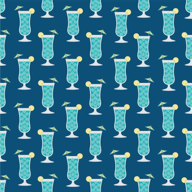 Mavi Göl Kokteyl Gözlüğü Kusursuz Vektör Şablonu. Vector Illustration of Blue Lagoon Glass with Ice Cubes Lemon Slice ve Umbrella on Indigo Blue Background. Paketleme, Flyer, Menü için Grafiksel