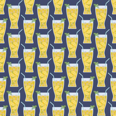 Mojito ya da Limonata Gözlüğü Vektör Kusursuz Şablon. Mojito Gözlüklü Vektör İllüstrasyonu ya da Limonata ile Limonata, Naneli Yapraklar, Buz Küpleri, Kamış. Duvar kağıtları, Menü, Albüm Çizelgesi