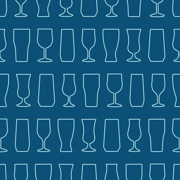 Patrón sin costura vectorial con gafas de bebidas lineales. Rayas horizontales de copas de bebidas Contornos sobre fondo azul. Para Menú, Folleto, Folleto, Embalaje de productos, Envoltura, Papel pintado, Tela — Archivo Imágenes Vectoriales