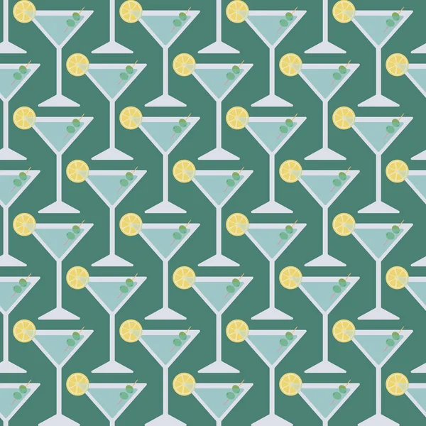 Trendiga Martini Cocktails sömlösa ytmönster. Vektor Illustration av Martini Glas inrett med oliver och citronskiva på grön bakgrund. — Stock vektor