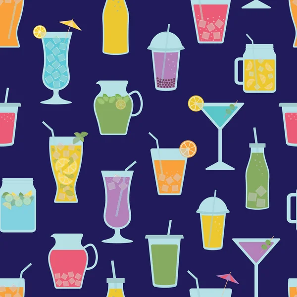 Vektor sömlöst mönster med Summer Drinks. Vektor Illustration av tropiska och uppfriskande juicer, cocktails i olika glas. Modern sommar bakgrund för Holiday Beach Party Tema, Meny, Affischer — Stock vektor