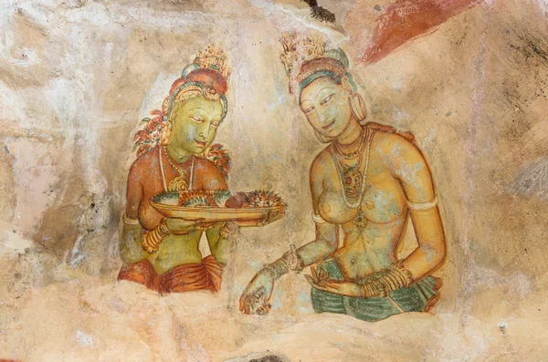 Fresco's op spiegel muur van de burcht op Sigiriya rots Fort, Sri Lanka. — Stockfoto