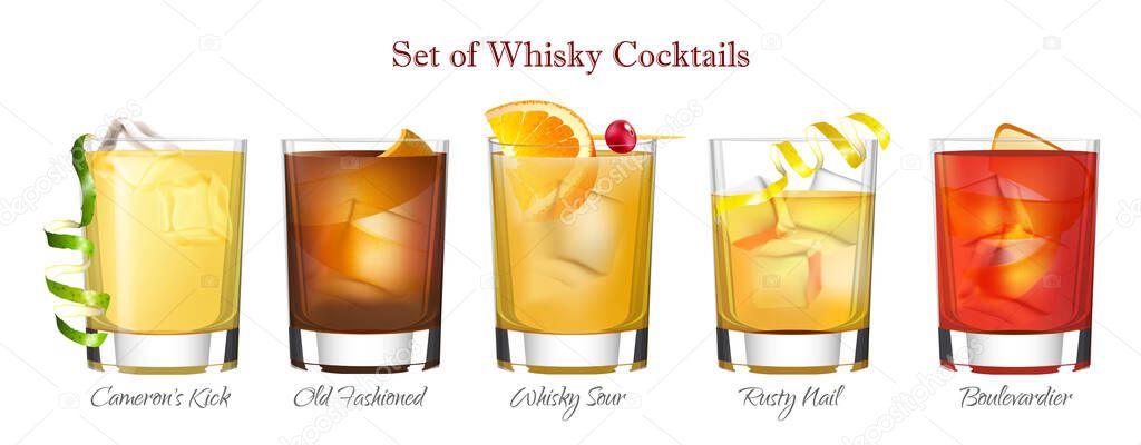 Set of Whisky Cocktails, Vector Format In Isolated Background.