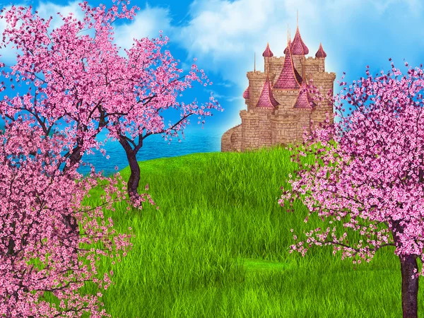 Fairy tale background with fantasy castle and sakura — Stock Photo, Image