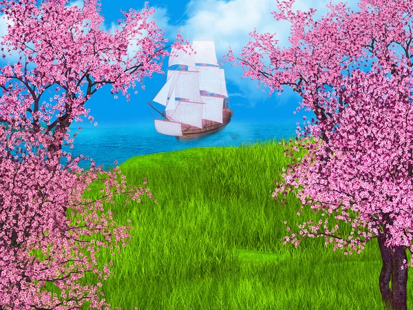 Казкова ілюстрація з сакурою та вітрильним човном — стокове фото