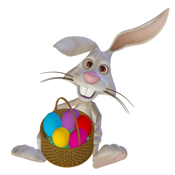 Conejo de Pascua sosteniendo una cesta con huevos de Pascua — Foto de Stock