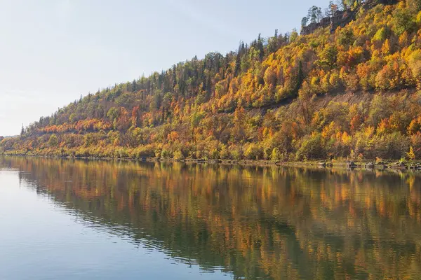Nehirde güneşli bir sonbahar günü Renkli bir ormanın arka planına karşı