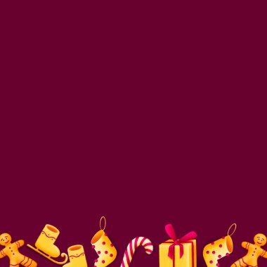 Altın elementlerden noel çerçevesi, şeker kamışı, hediye, zencefilli kurabiye adam, raster