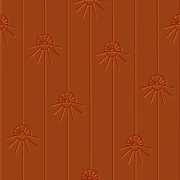 Безшовний патерн зі смужками та абстрактними сонячними елементами з сонячними променями, бухоле, цеглою та оранжевими кольорами — стоковий вектор