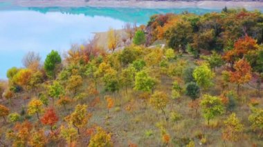 Alloz rezervuarı ve sonbahar ormanı. Navarre, İspanya, Avrupa. Hava görüntüsü. 4K.