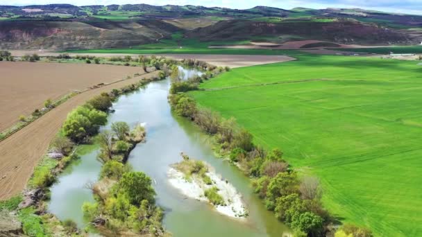 Folyó Mezőgazdasági Területek Légi Kilátása Navarra Spanyolország Európa Drónra Néző — Stock videók