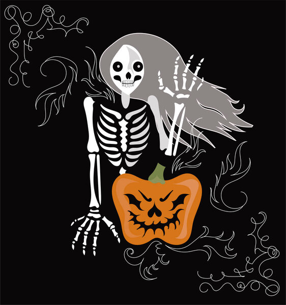 Halloween illustration, skeleton girl with long gray hair and evil pumpkin