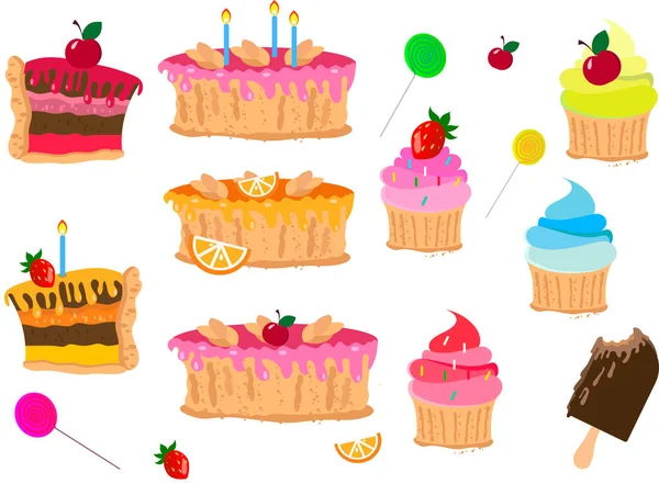 Conjunto de postres: pasteles dulces, cupcakes con crema y bayas, helado de chocolate. — Vector de stock