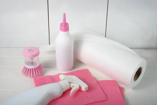 Cleaning Disinfection Products Pink Cleaning Brush Wipes White Background — Stock Photo, Image