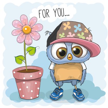 Cute Cartoon Owl with flower clipart