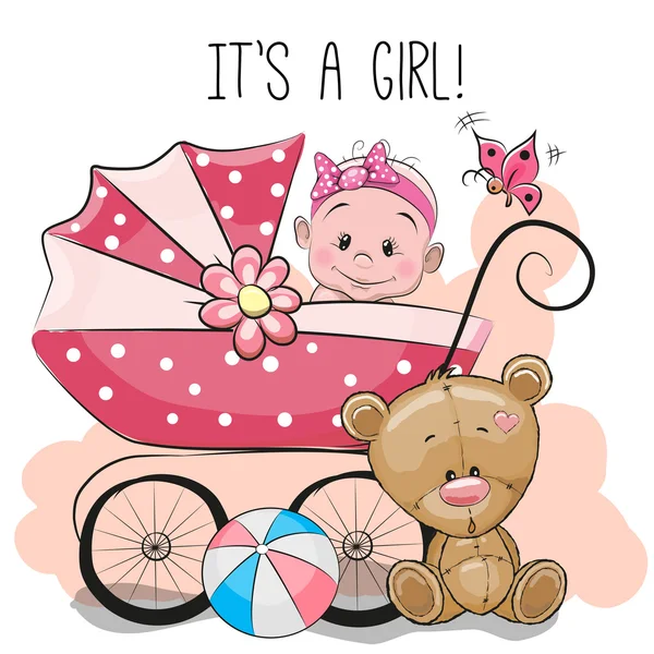 Cartão de saudação é uma menina com carrinho de bebê e ursinho de pelúcia — Vetor de Stock