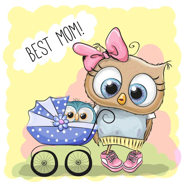 Cartão de saudação Melhor mãe com carrinho de bebê —  Vetores de Stock