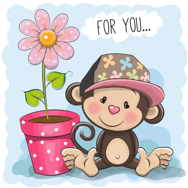 Cartão de saudação Cute Cartoon Monkey com uma flor — Vetor de Stock