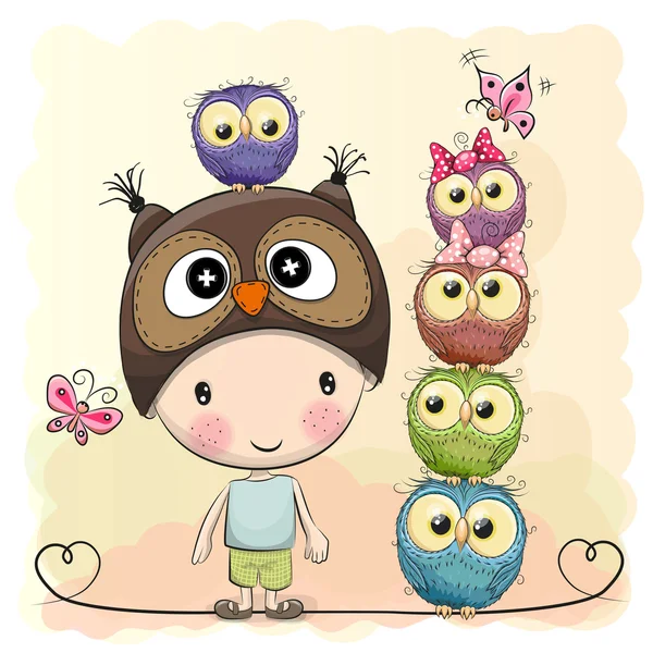 Cute Cartoon Boy Owls — Stock Vector
