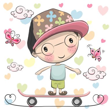 Cute Boy wiht a cap on a skateboard clipart