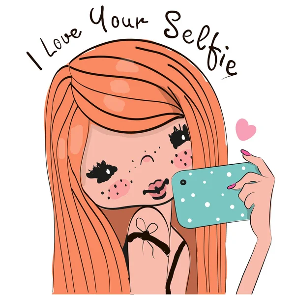 Vector linda chica de dibujos animados hace selfie — Vector de stock