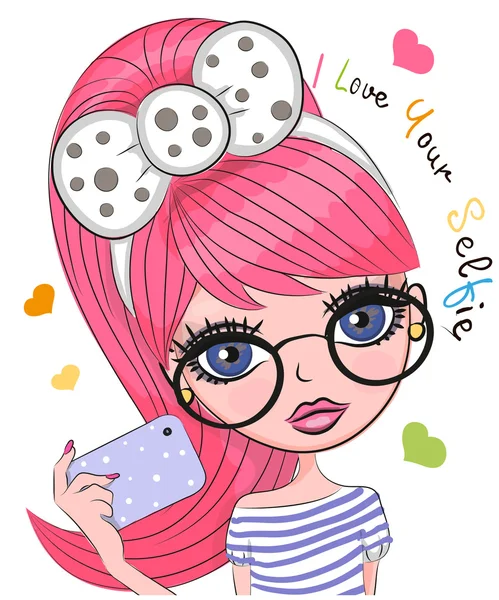 Vector linda chica de dibujos animados hace selfie — Vector de stock