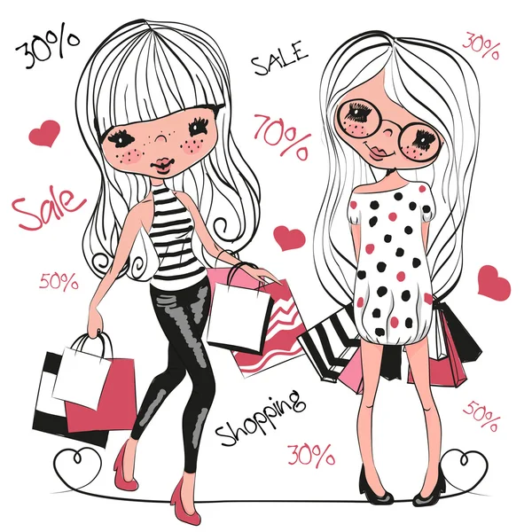 Two Cute cartoon girls with bags — Stock Vector