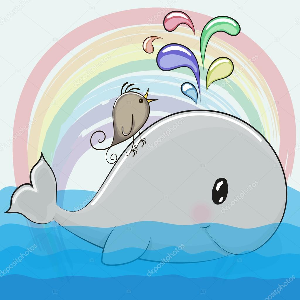 Balena sveglia del fumetto e un uccello su una priorit  bassa del rainbow — Vettoriali di Reginast777 Trova immagini simili