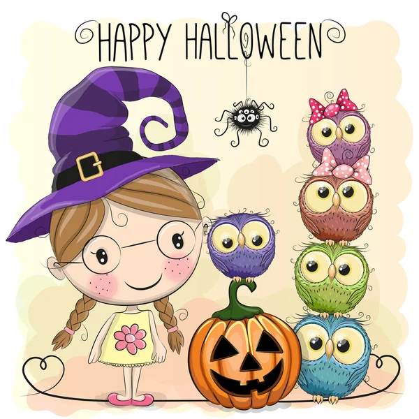 Halloween card with girl and owls — Stock Vector