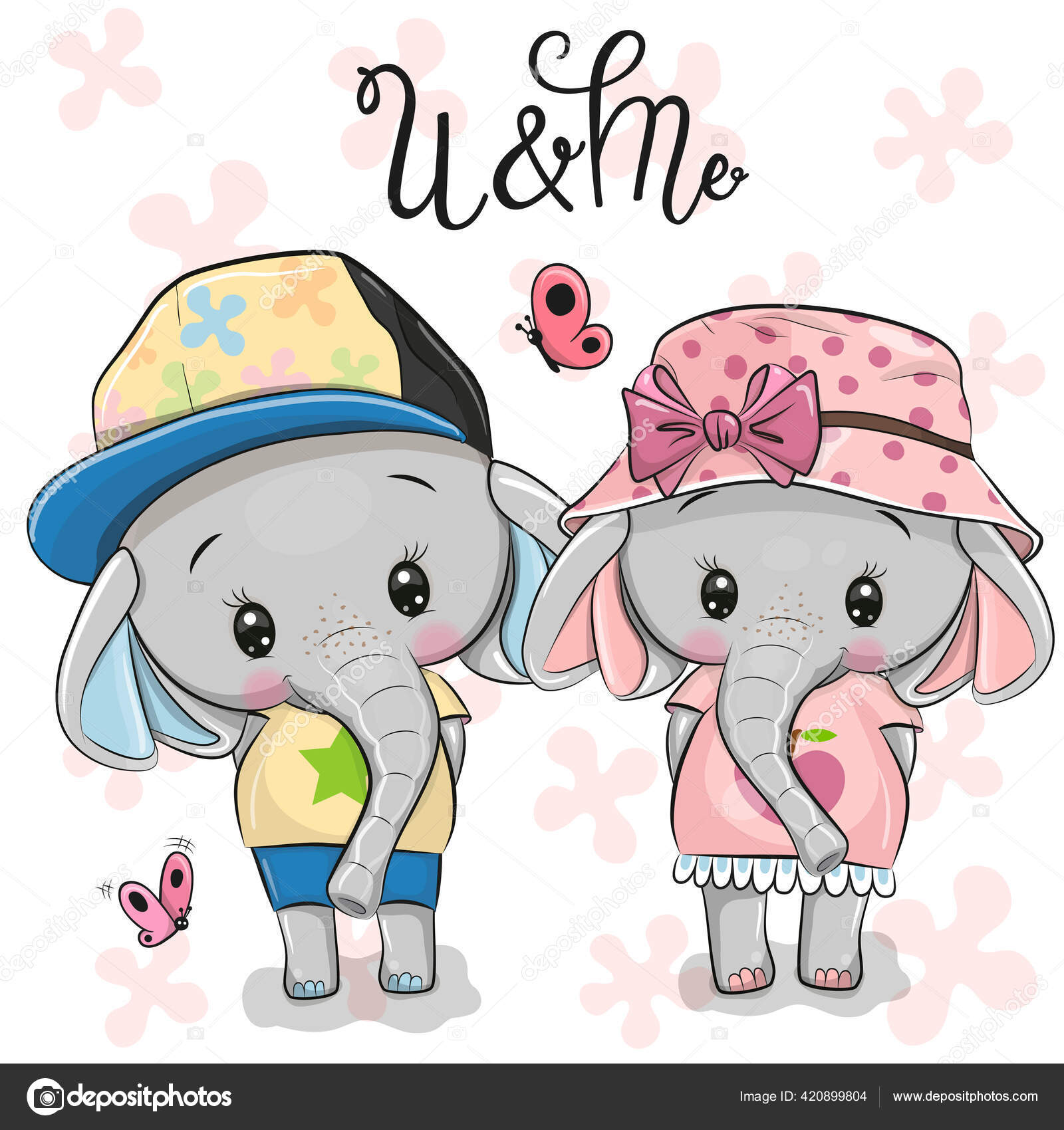 Two Cute Cartoon Elephants Pink Floral Background Stock Vector Image by  ©Reginast777 #420899804