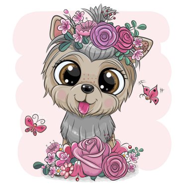 Şirin çizgi film Köpek Yorkshire Teriyeri pembe arka planda çiçekleri olan