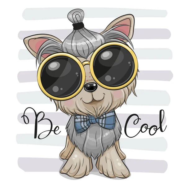 かわいい漫画犬ヨークシャーテリアとともに蝶ネクタイと眼鏡 — ストックベクタ
