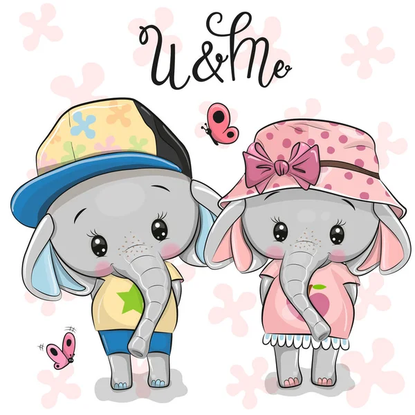 Two Cute Cartoon Elephants Pink Floral Background - Stok Vektor