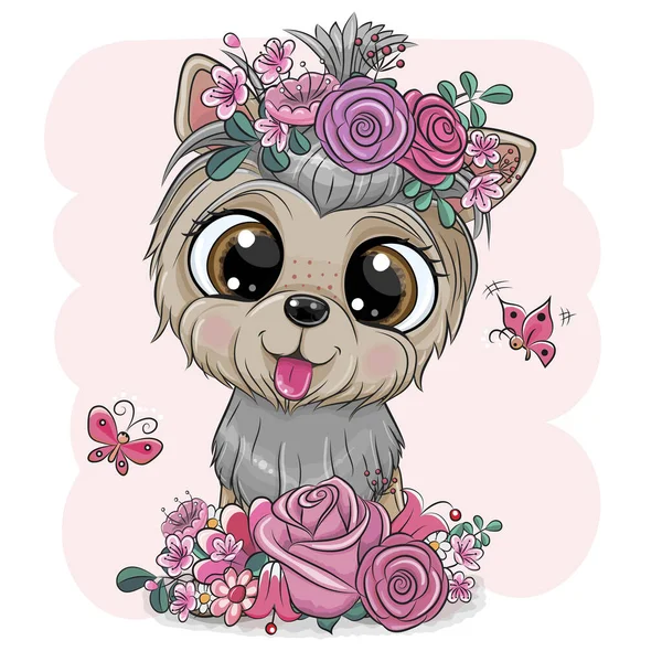 Cute Cartoon Dog Yorkshire Terrier Kwiatami Różowym Tle — Wektor stockowy