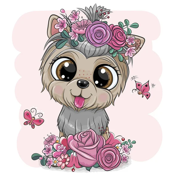 Lindo Perro Dibujos Animados Yorkshire Terrier Con Flores Sobre Fondo — Archivo Imágenes Vectoriales