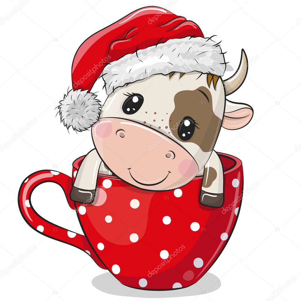Cute Cartoon Bull in a Santa hat is sitting in a Cup