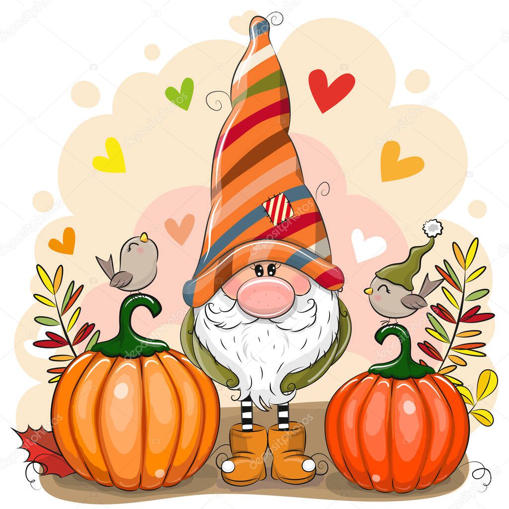 Cute Cartoon Gnome with two pumpkins and birds