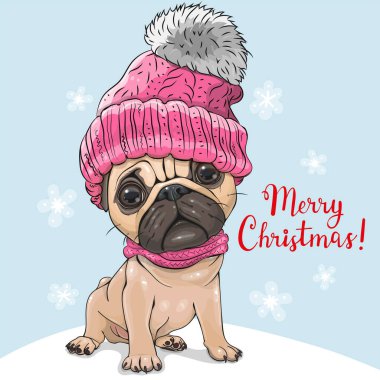 Pembe şapkalı ve atkılı şirin Pug Dog çizgi filmi.