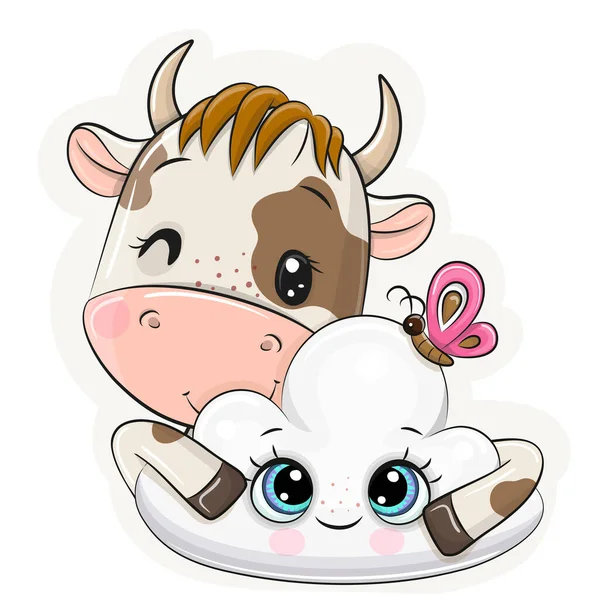 Cute Cartoon Bull Chmurą Białym Tle — Wektor stockowy