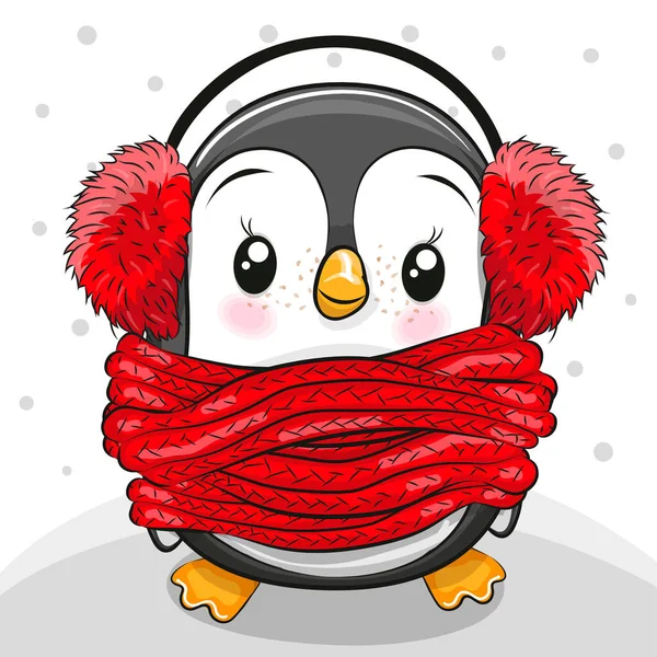 Cute Cartoon Penguin Czerwone Futra Słuchawki Szalik — Wektor stockowy