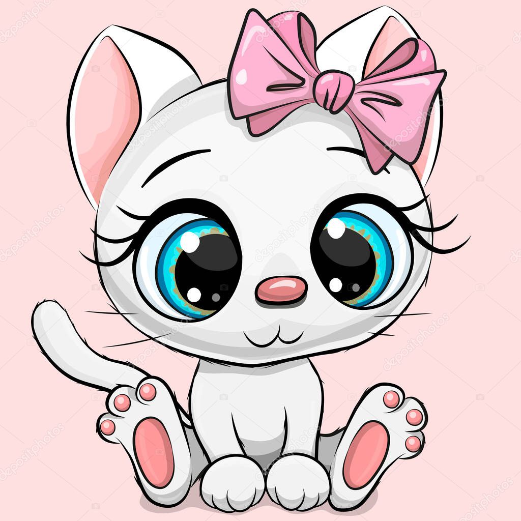 Cute Cartoon white kitten on a pink background