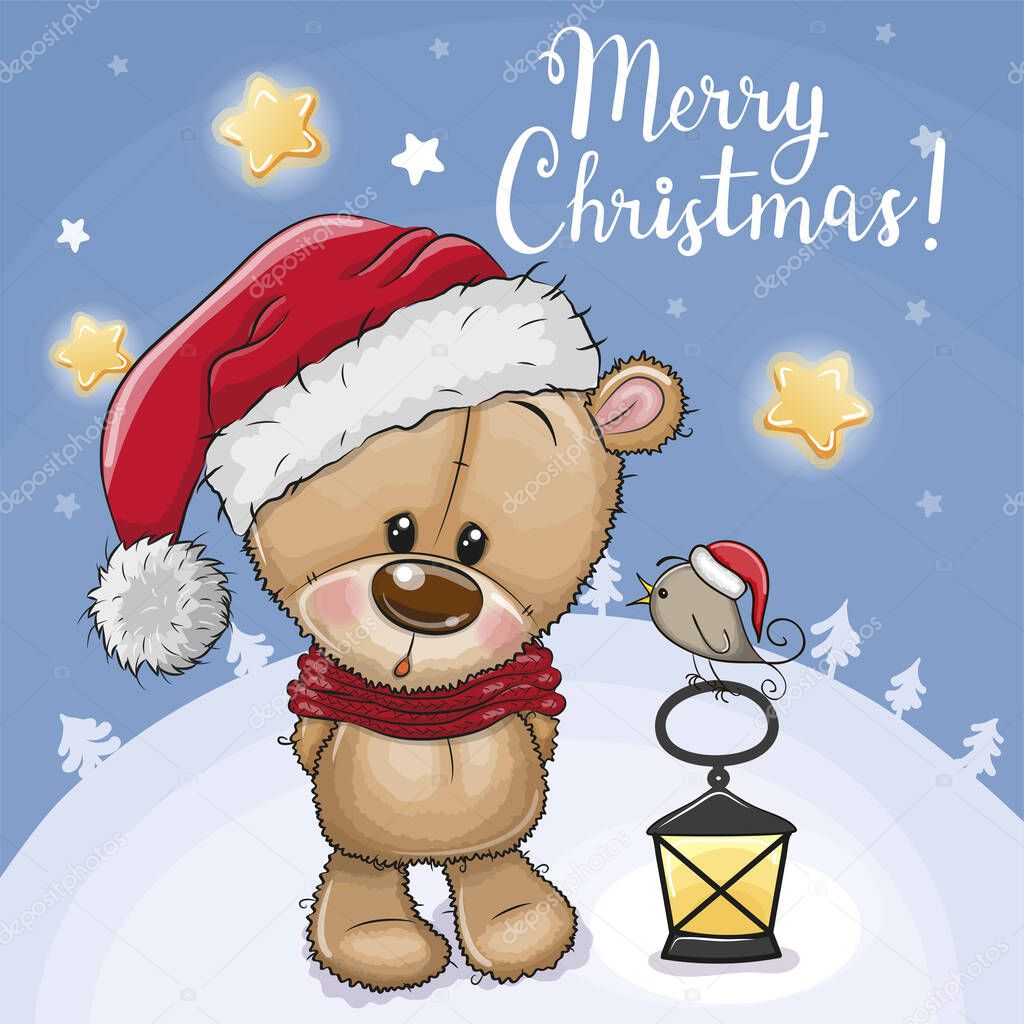 Greeting Christmas card Cute Teddy Bear on a blue background